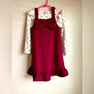 Rare Editions Burgundy Textured Dress with white heart print long sleeve top -5
